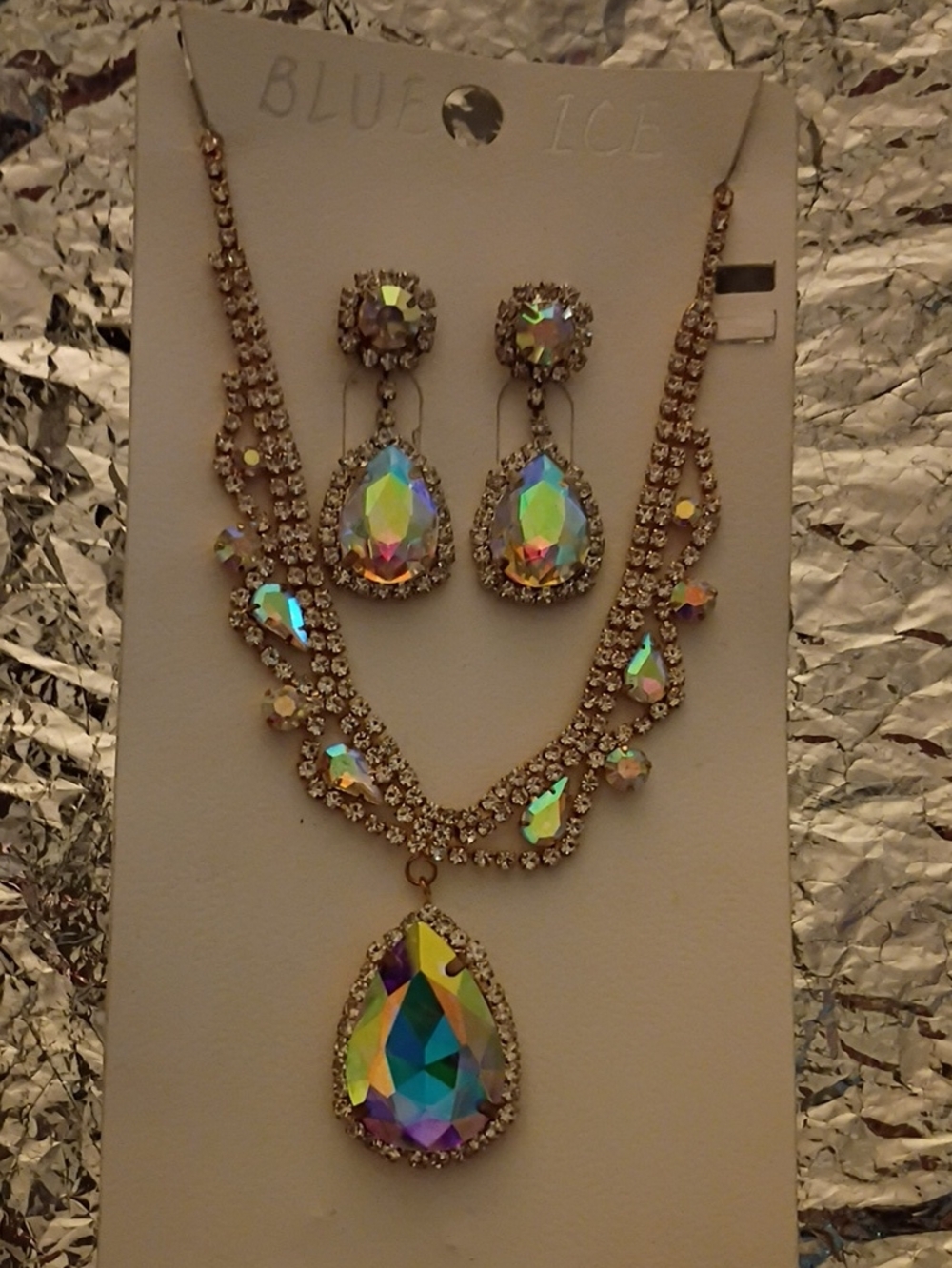 Aurora Teardrop Crystal Necklace & Earring Set - Iridescent Gold